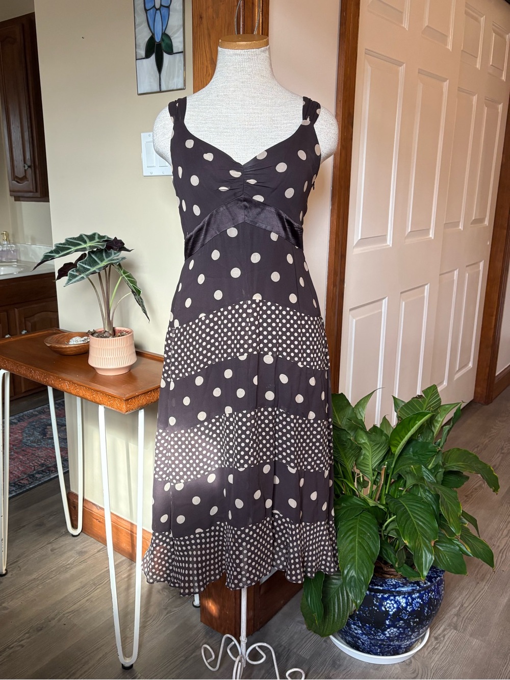 Vintage INC International Concepts Brown and Cream Polka Dot Midi Dress